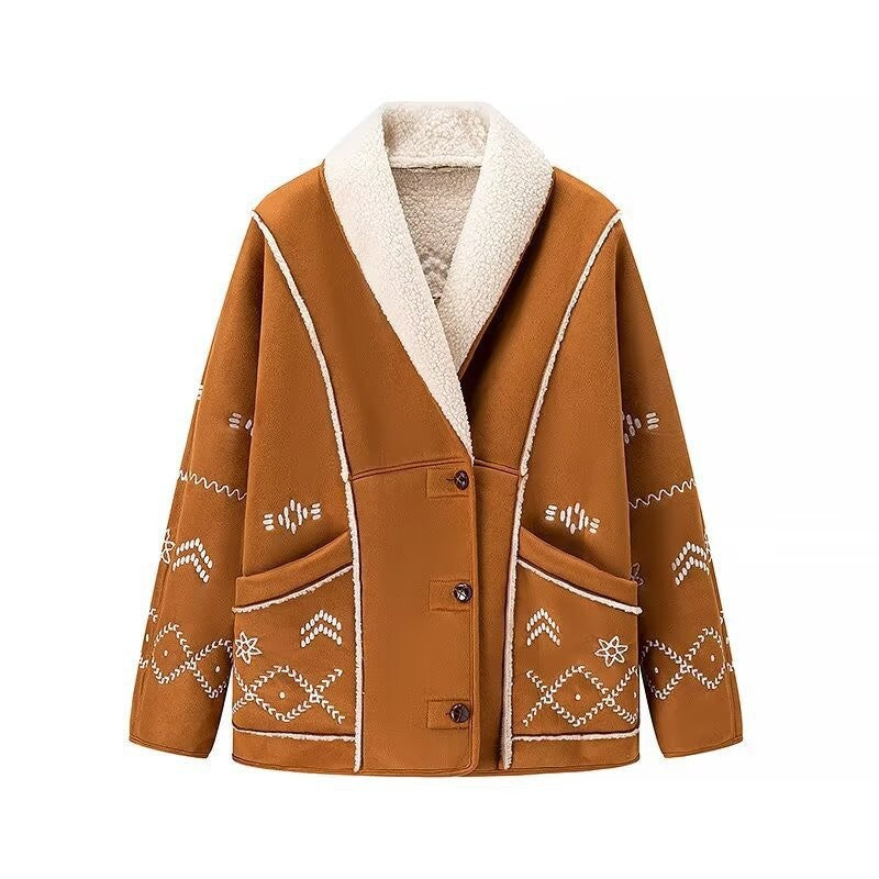 Damen Stickjacke im Lammfell‑Look mit Schalkragen Nord Taschen