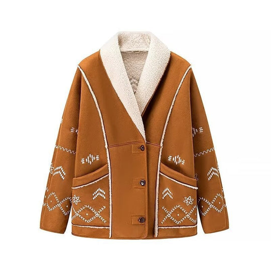 Damen Stickjacke im Lammfell‑Look mit Schalkragen Nord Taschen