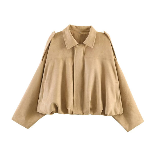 Damen Oversize-Suedejacke mit Schulterklappen, verdeckter Knopfleiste und elastischem Saum Nord Taschen