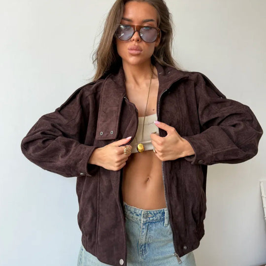 Damen Oversize Wildleder‑Optik Bikerjacke mit hohem Stehkragen Nord Taschen
