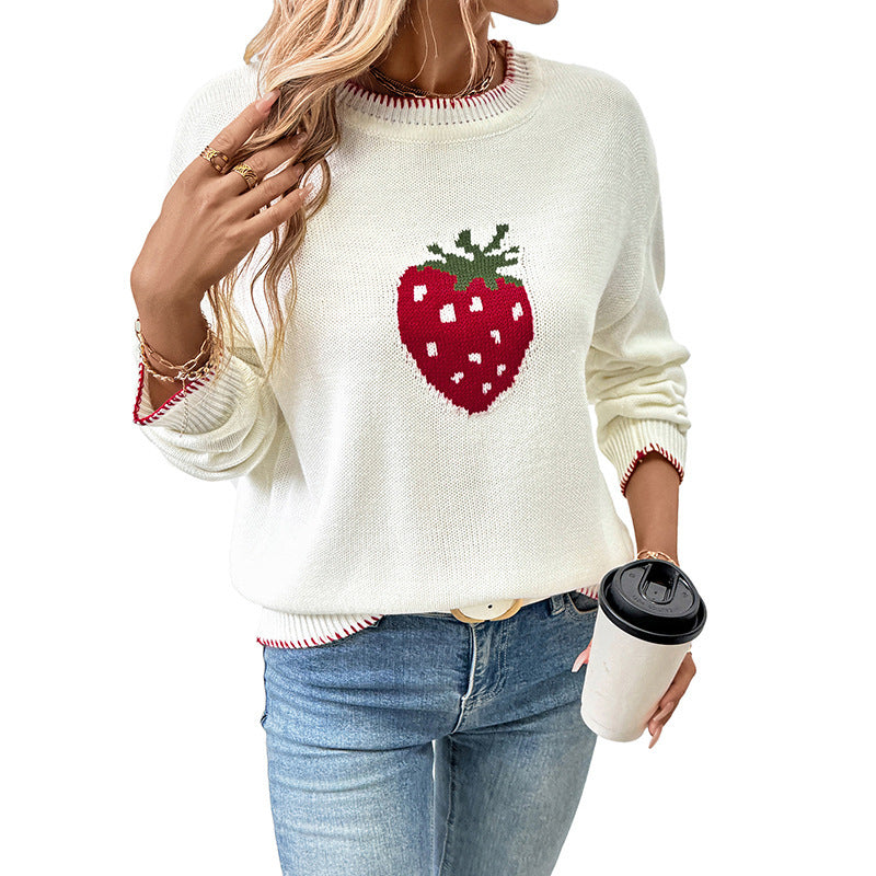 Damen Lässiger Boxy-Strickpullover mit Erdbeer‑Intarsie, geripptem Saum und Rundhalsausschnitt Nord Taschen