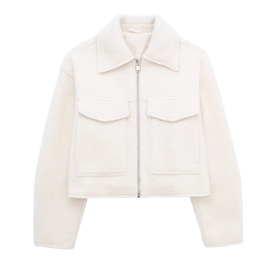 Damen Kurzgeschnittene Sherpa-Jacke mit Reißverschluss und aufgesetzten Pattentaschen Nord Taschen