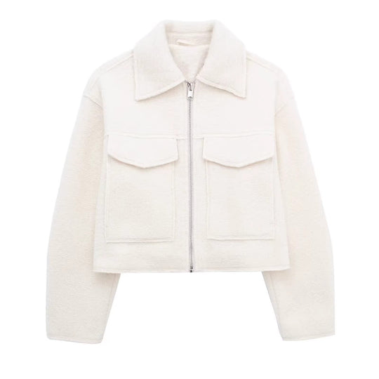 Damen Kurzgeschnittene Sherpa-Jacke mit Reißverschluss und aufgesetzten Pattentaschen Nord Taschen