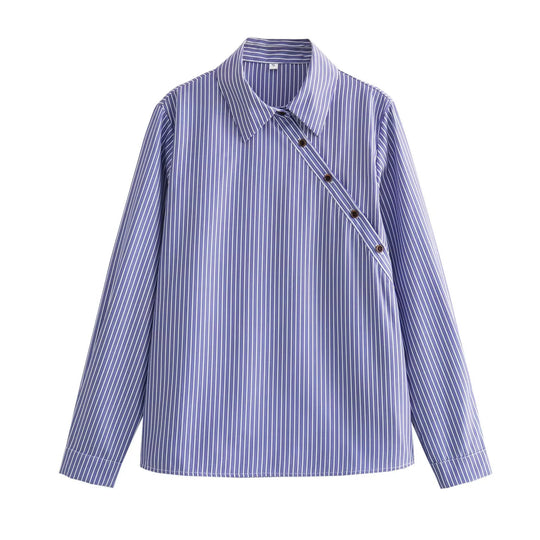 Damen Oversize Streifenbluse mit diagonaler Knopfleiste und Kentkragen Nord Taschen