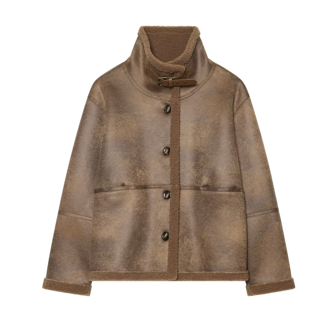 Damen Kurzjacke aus Teddy-Fleece mit Funnelkragen und Schnallenverschluss Nord Taschen