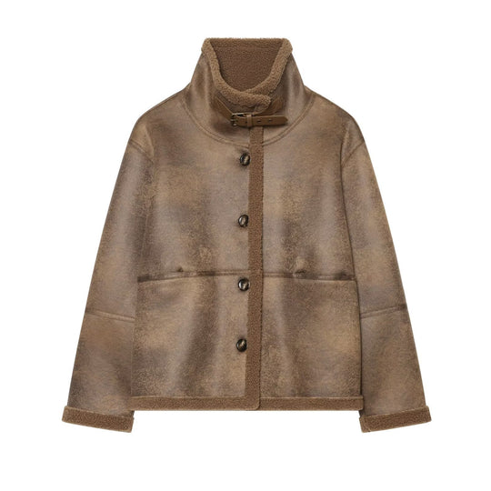Damen Kurzjacke aus Teddy-Fleece mit Funnelkragen und Schnallenverschluss Nord Taschen
