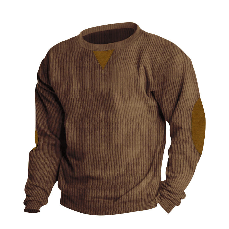 Herren nan grobgerippter Rundhals-Strickpullover mit Ellbogenpatches und Dreiecksdetail