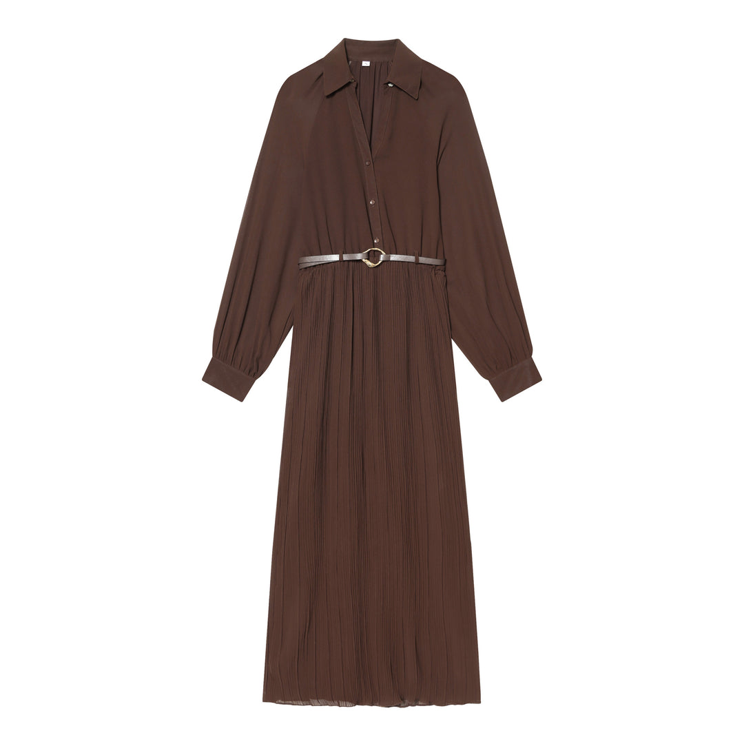 Damen Plissiertes Hemdkleid mit Ballonärmeln, verdeckter Knopfleiste und Taillengürtel Nord Taschen