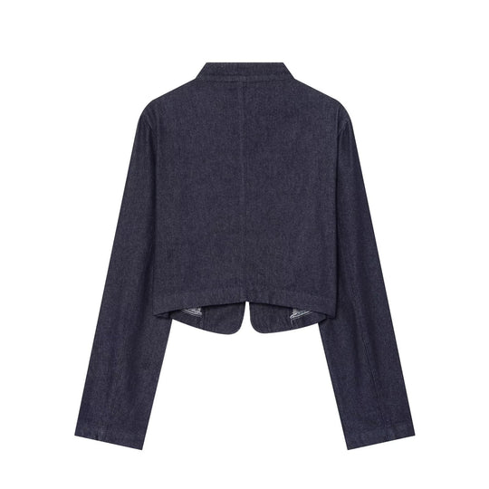 Damen kurze Denim‑Militärjacke mit Stehkragen und dekorativer Zierknopfleiste Nord Taschen