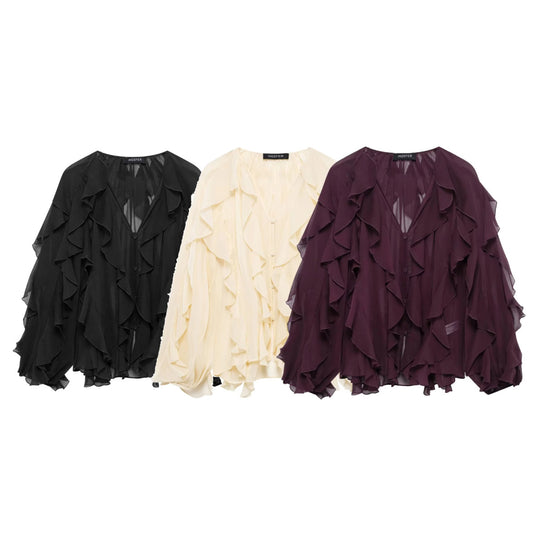 Damen Voluminöse Chiffon-Bluse mit Lagenvolants und Knopfleiste Nord Taschen