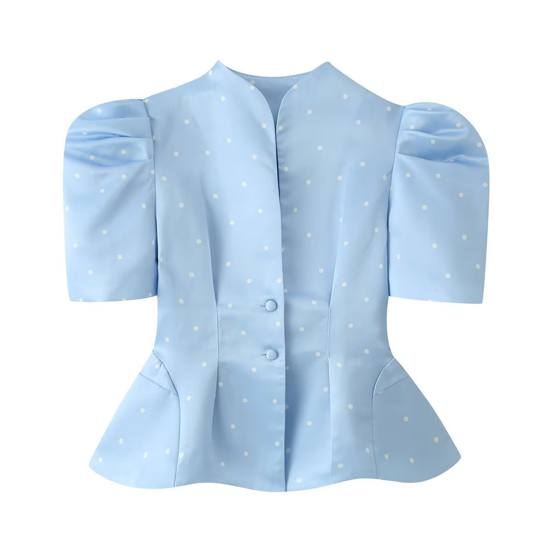 Damen Taillierte Satinbluse mit Puffärmeln, Stehkragen und Polka‑Dot‑Print Nord Taschen