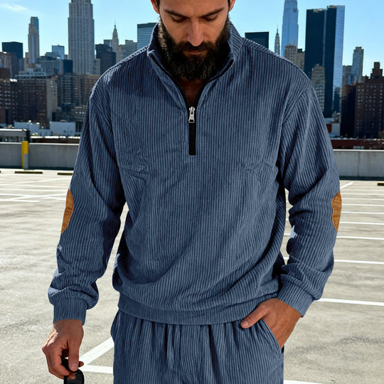 Herren Cord-Struktur-Halbzip-Pullover im Relaxed-Fit mit Stehkragen und Ellbogen-Patch Nord Taschen