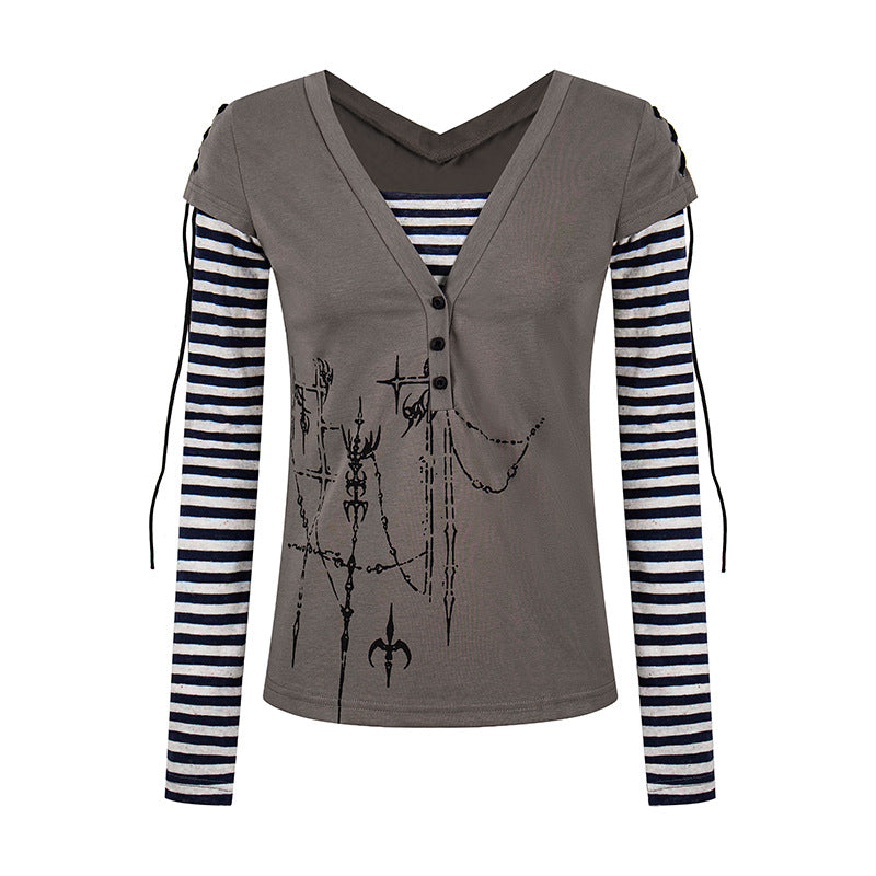 Damen Lagen-Langarmshirt mit V-Ausschnitt, Streifen-Innenlayer und Schnürdetail Nord Taschen