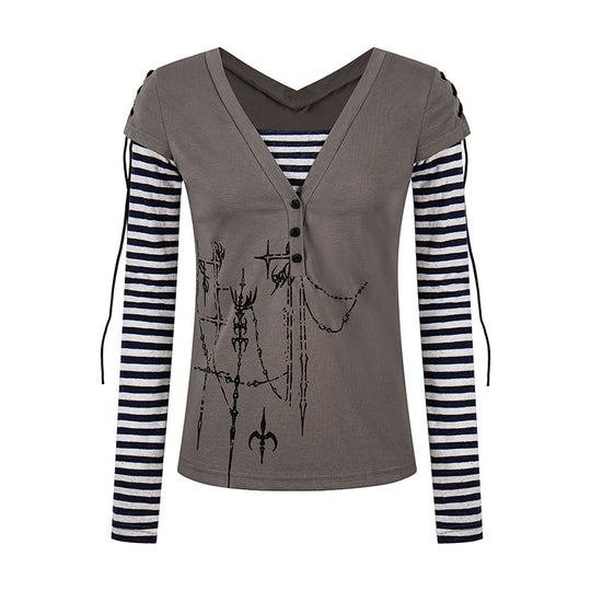 Damen Lagen-Langarmshirt mit V-Ausschnitt, Streifen-Innenlayer und Schnürdetail Nord Taschen