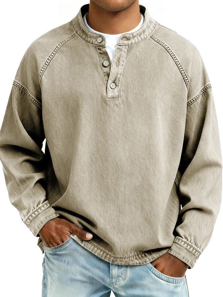 Herren Langarm-Henley Sweatshirt mit Stehkragen und Vintage-Denim-Effekt Nord Taschen