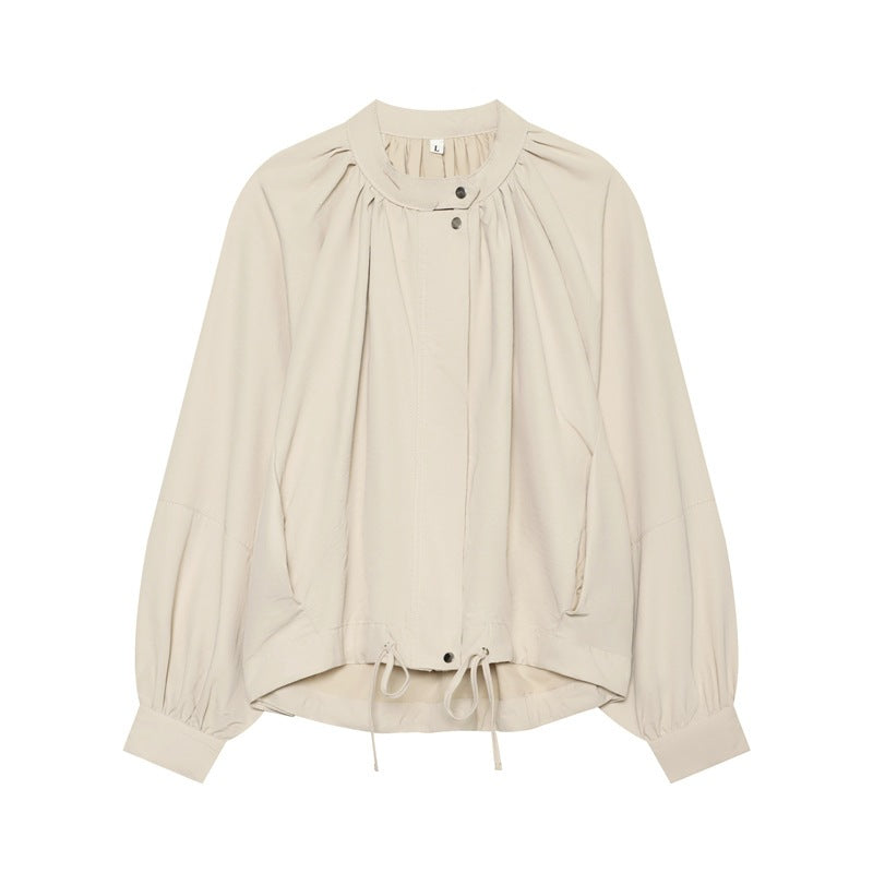 Damen Leichte Blouson-Jacke mit gerafftem Stehkragen, Ballonärmeln und Tunnelzug Nord Taschen