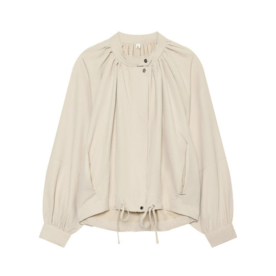 Damen Leichte Blouson-Jacke mit gerafftem Stehkragen, Ballonärmeln und Tunnelzug Nord Taschen