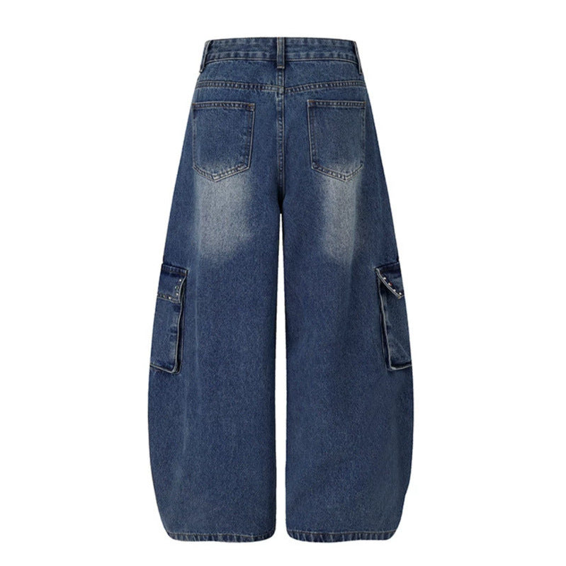 Damen Extraweite Cargo‑Palazzo‑Jeans mit hoher Taille, aufgesetzten Taschen und Strassbesatz Nord Taschen