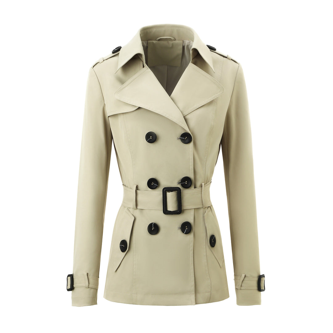 Damen Kurztaillierter Doppelreihiger Trenchcoat mit markanter Gürtelschnalle Nord Taschen