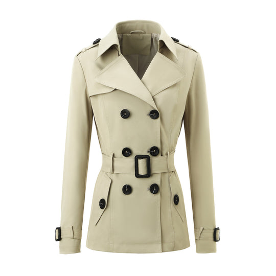 Damen Kurztaillierter Doppelreihiger Trenchcoat mit markanter Gürtelschnalle Nord Taschen
