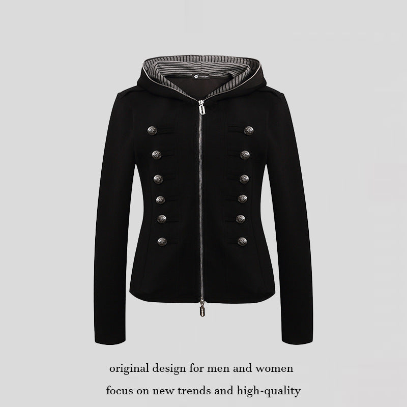 Damen taillierte Kapuzen‑Sweatjacke mit dekorischer Doppelreihe und Metallknöpfen Nord Taschen
