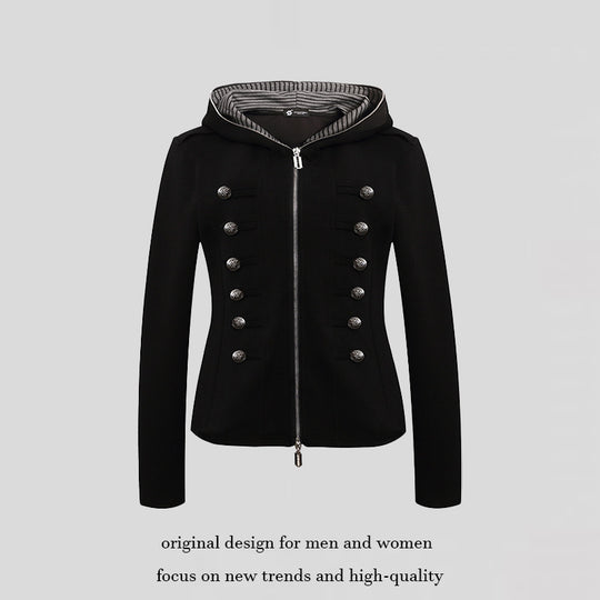 Damen taillierte Kapuzen‑Sweatjacke mit dekorischer Doppelreihe und Metallknöpfen Nord Taschen