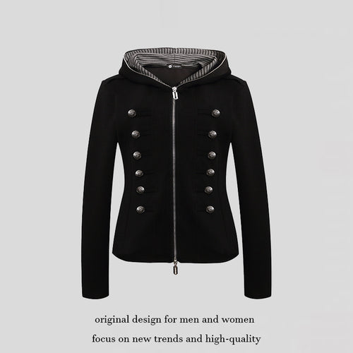 Damen taillierte Kapuzen‑Sweatjacke mit dekorischer Doppelreihe und Metallknöpfen Nord Taschen
