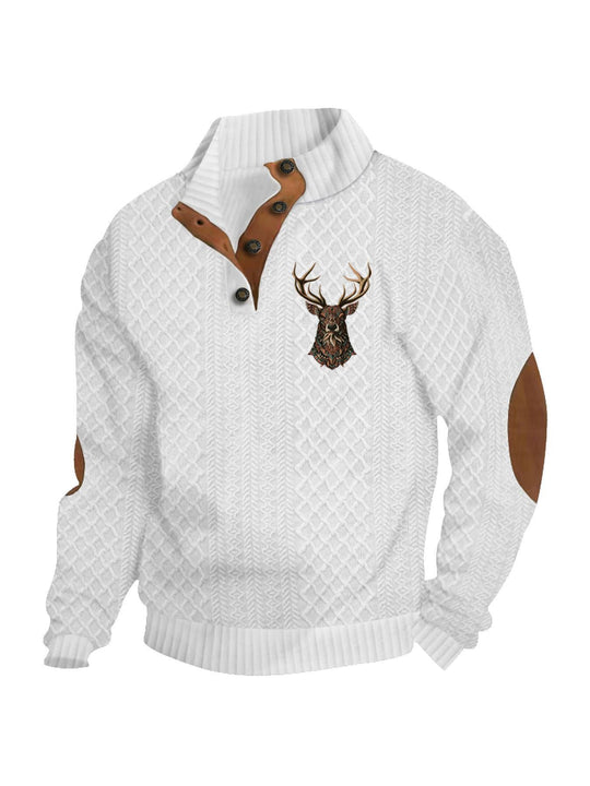 Herren nan Heritage-Strukturpullover mit Stehkragen Lederimitat-Besatz Ellenbogen-Patches und Halbknopfleiste