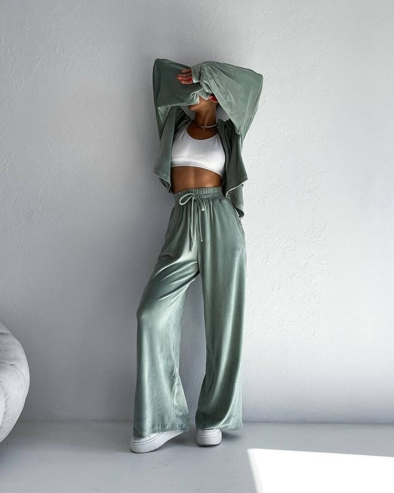 Damen luxuriöses Velours-Lounge-Set mit kurzem Reißverschluss-Hoodie und weitem High-Waist-Hose Nord Taschen