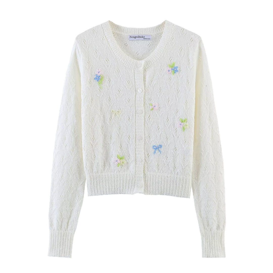 Damen Feiner Strick-Cardigan mit Blumenstickerei und tailliertem Saum Nord Taschen