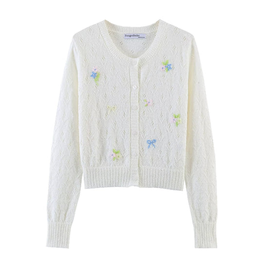 Damen Feiner Strick-Cardigan mit Blumenstickerei und tailliertem Saum Nord Taschen