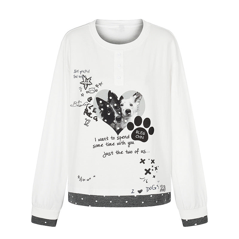Damen Loungewear-Longsleeve mit Hündchen-Print, Henley-Knopfleiste und gepunktetem Saum Nord Taschen