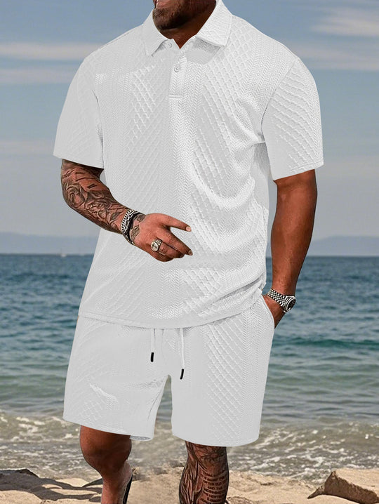 Herren nan geprägtes Strand-Ensemble mit offenem Kurzarm-Hemd und Kordel-Bermuda