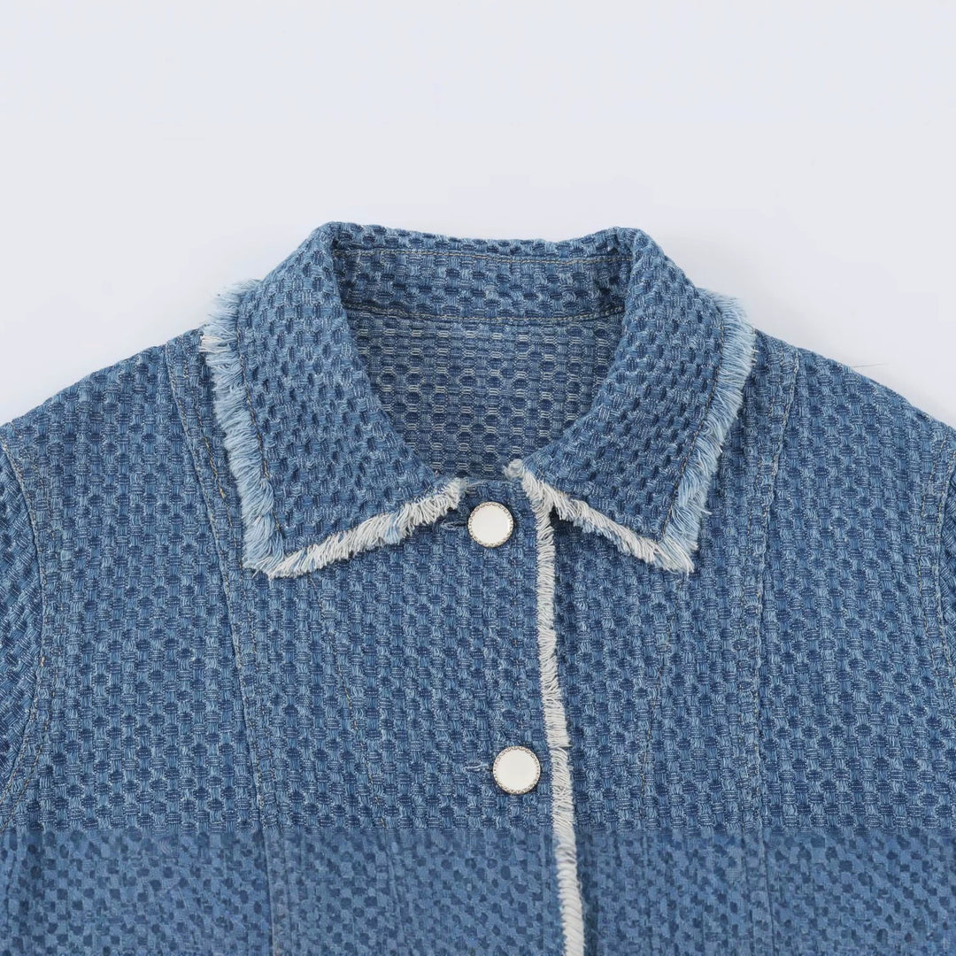 Damen Kurz geschnittene Bouclé-Tweed-Boxy-Jacke mit Fransenbesatz und aufgesetzten Klappentaschen Nord Taschen