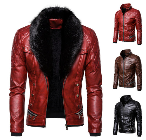 Herren Biker-Lederjacke im Vintage-Look mit gesteppter Schulter und breitem Kunstfellkragen Nord Taschen