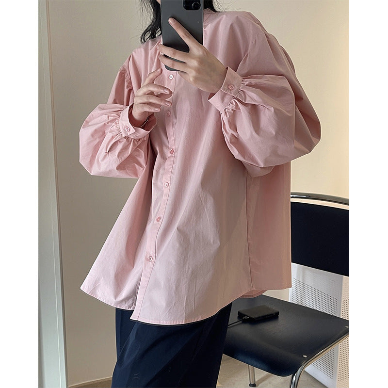 Damen Oversized-Baumwollbluse mit Stehkragen und Ballonärmeln Nord Taschen