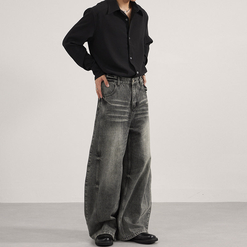 Herren Ultraweite vintagegewaschene Denim-Palazzohose mit tiefem Schritt und geradem Saum Nord Taschen