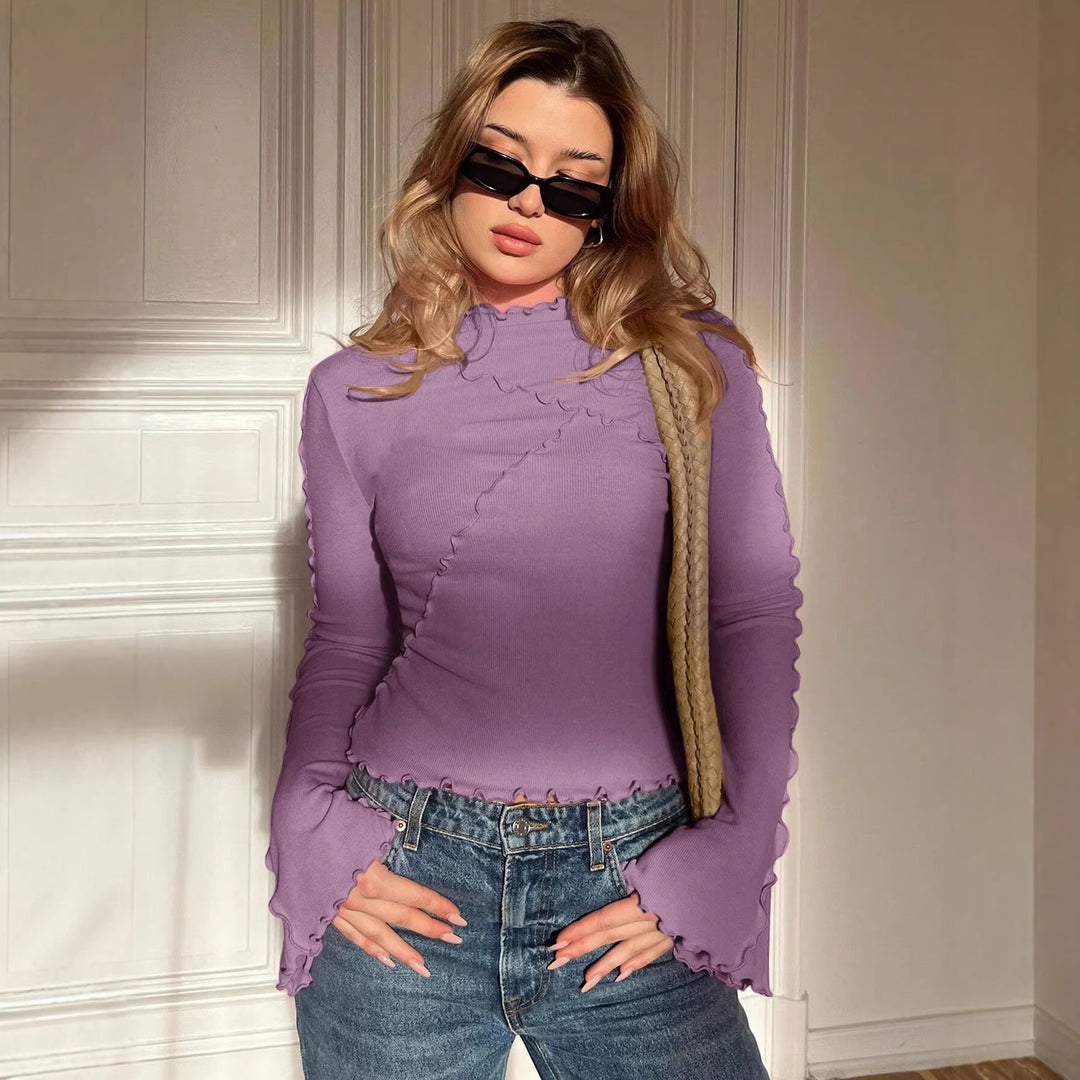 Damen Enganliegendes Geripptes Langarmshirt mit Stehkragen und Kräuselsaum Nord Taschen