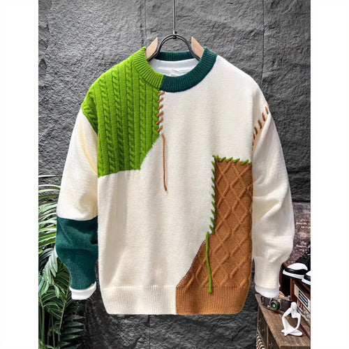 Unisex Patchwork-Oversize-Strickpullover mit Zopf- und Rautenmuster, dekorativen Kontrastnähten und Rundhalsausschnitt Nord Taschen