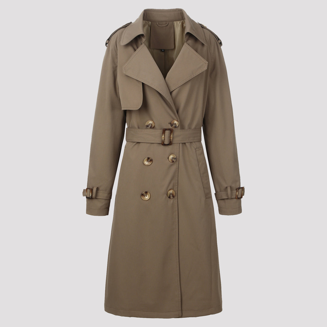 Damen Klassischer taillierter Doppelreihiger Trenchcoat mit Bindegürtel und Schulterklappen Nord Taschen
