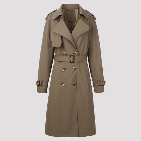 Damen Klassischer taillierter Doppelreihiger Trenchcoat mit Bindegürtel und Schulterklappen Nord Taschen