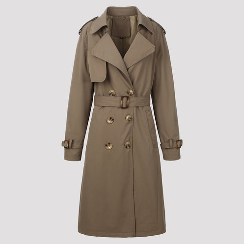 Damen Klassischer taillierter Doppelreihiger Trenchcoat mit Bindegürtel und Schulterklappen Nord Taschen