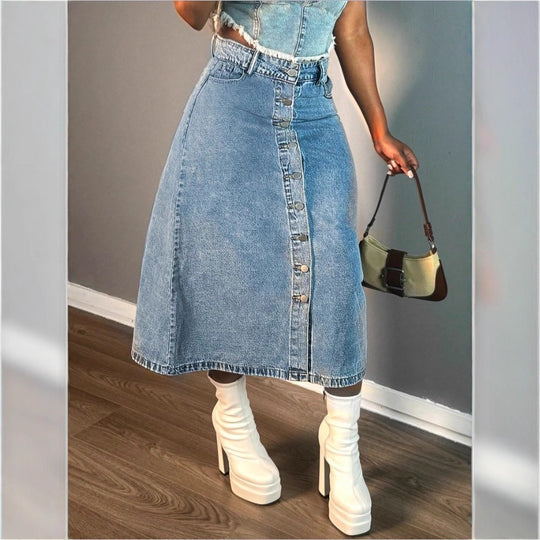 Damen A-Linien Denim-Midirock mit taillenhohem Bund und durchgehender Knopfleiste Nord Taschen