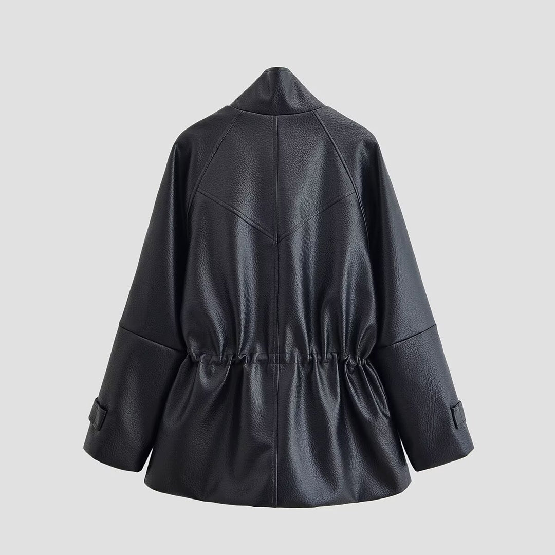 Damen Oversize Kunstlederjacke mit Stehkragen, Tunnelzug-Taille und aufgesetzten Taschen Nord Taschen