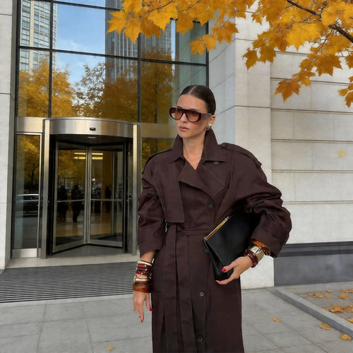 Damen Langer Taillierter Trenchcoat mit Bindegürtel und Doppelreihe Nord Taschen