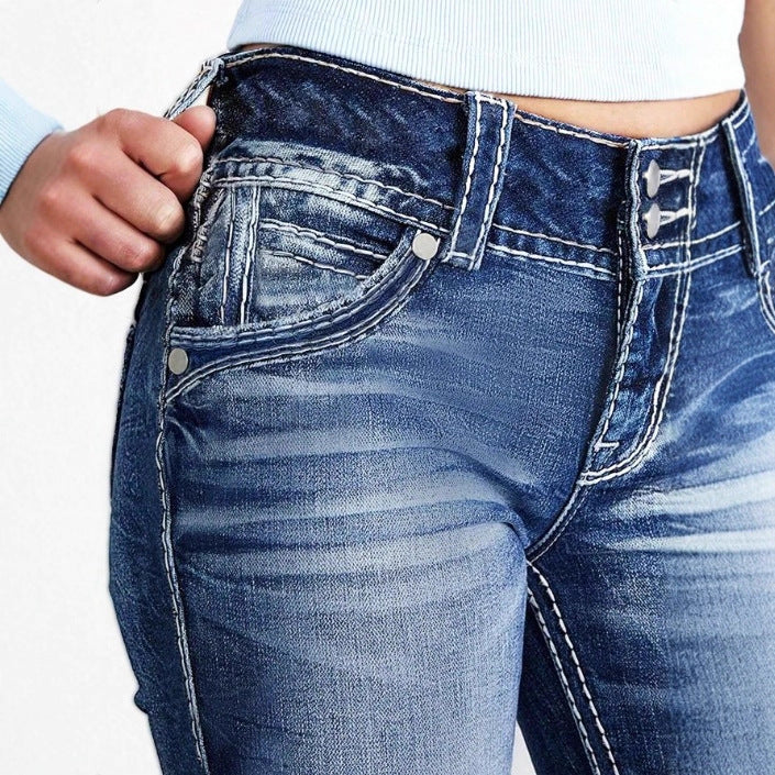 Damen Hochbund-Bootcut-Jeans mit formendem Bund und sichtbarer Knopfleiste Nord Taschen