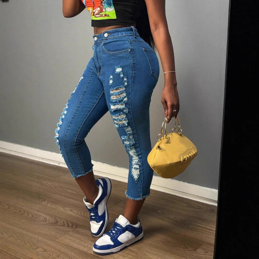 Damen hochgeschnittene knöchellange Skinny-Jeans mit großzügigen Zerrdetails und rohem Saum Nord Taschen