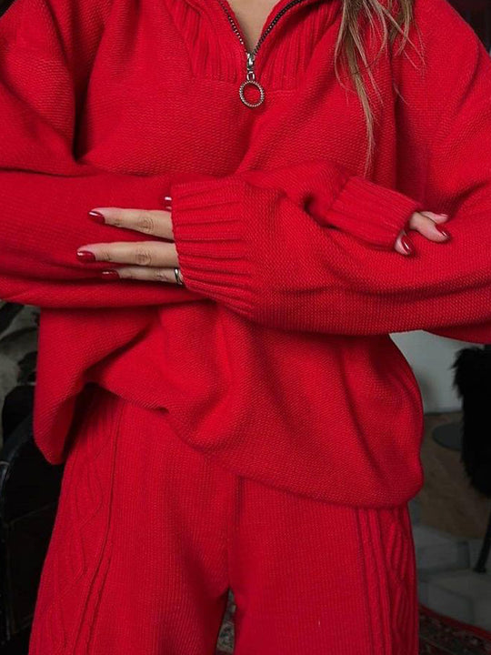 Damen Strick-Relax-Set mit halbem Reißverschluss, Oversize-Pullover und hochtaillierter Zopfmuster-Hose Nord Taschen