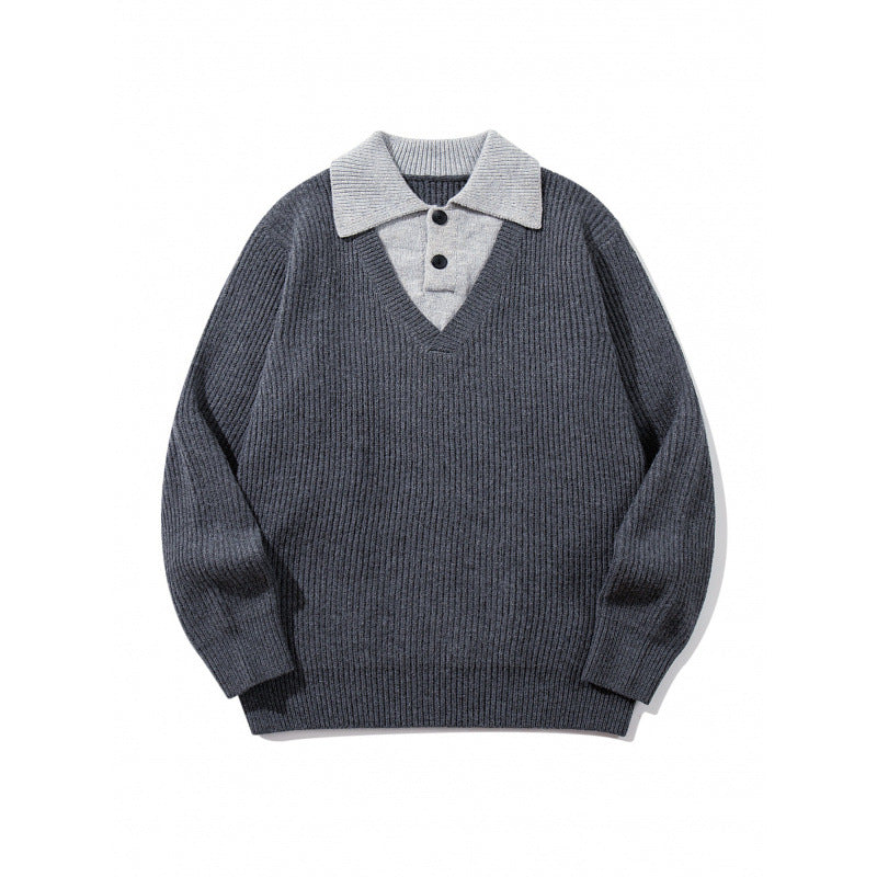 Unisex Grobstrick-Kastenpullover mit V-Ausschnitt und kontrastierendem Polo-Knopfkragen Nord Taschen