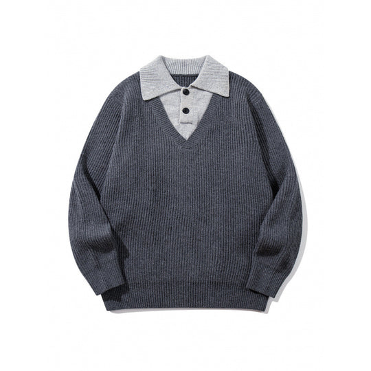 Unisex Grobstrick-Kastenpullover mit V-Ausschnitt und kontrastierendem Polo-Knopfkragen Nord Taschen